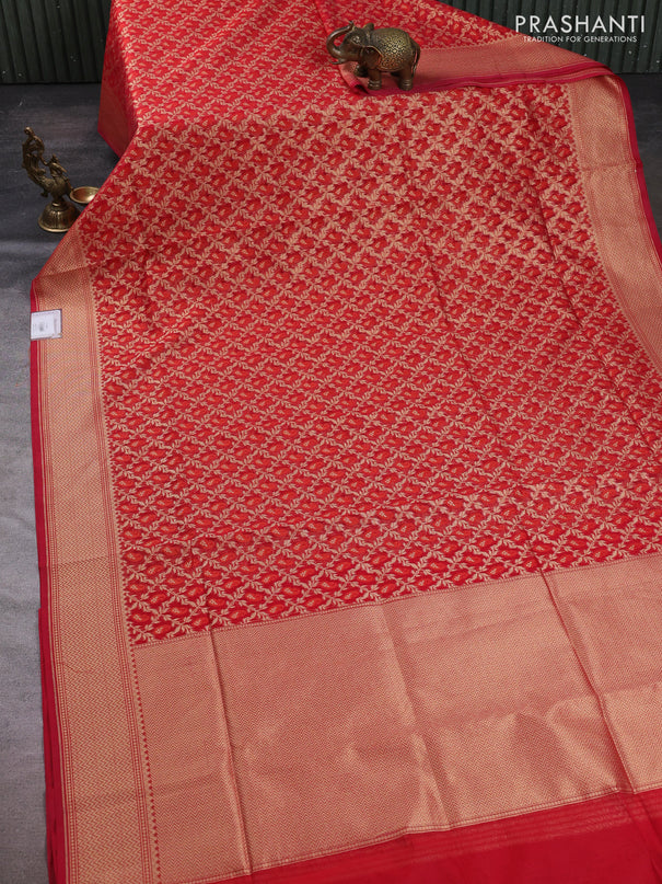 Banarasi silk cotton saree red with allover thread & zari woven brocade weaves and temple design zari woven border