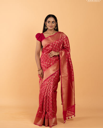 Banarasi silk cotton saree pink with allover thread & zari woven brocade weaves and zari woven border