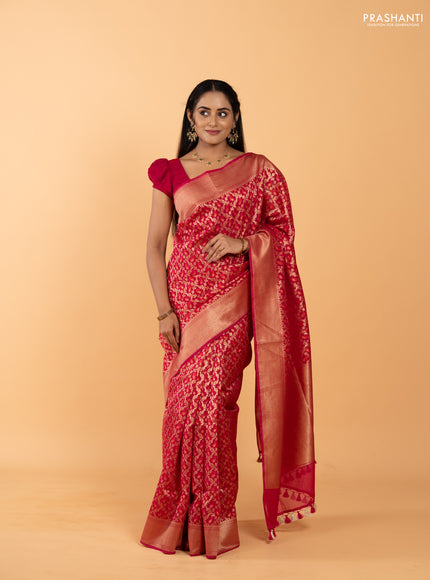 Banarasi silk cotton saree pink with allover thread & zari woven brocade weaves and zari woven border