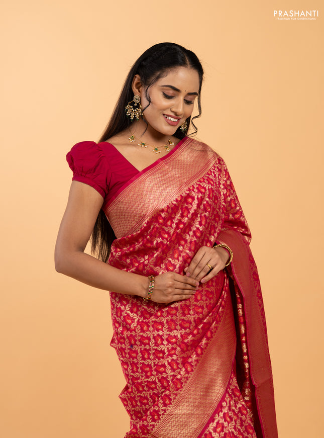 Banarasi silk cotton saree pink with allover thread & zari woven brocade weaves and zari woven border