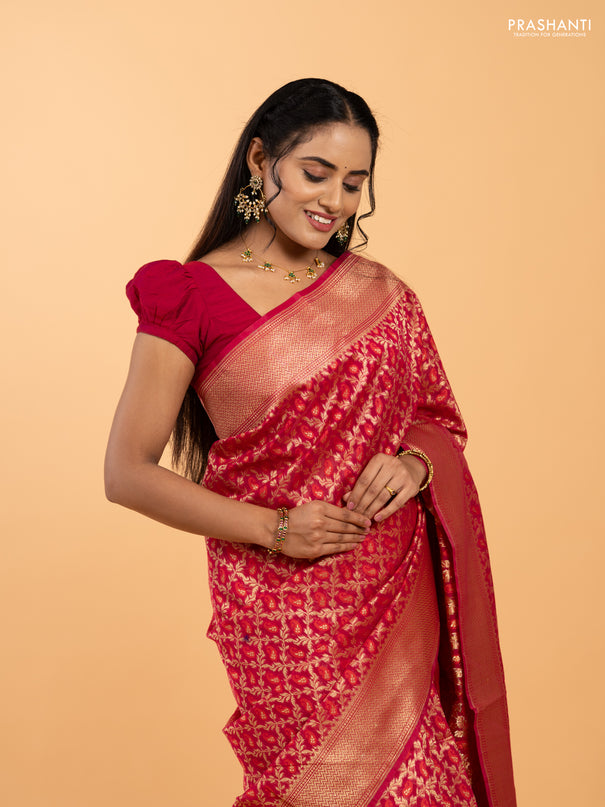 Banarasi silk cotton saree pink with allover thread & zari woven brocade weaves and zari woven border