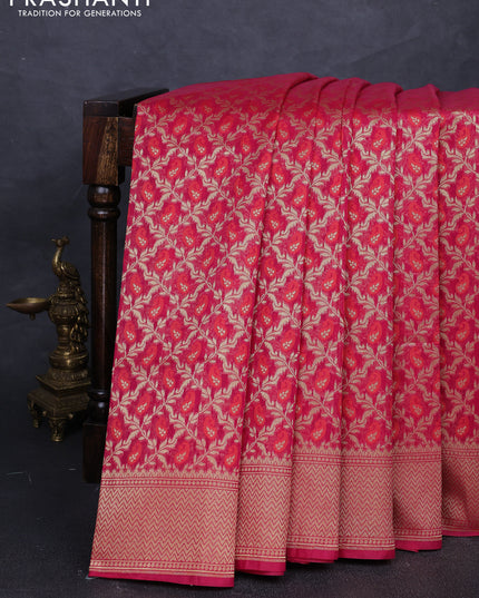 Banarasi silk cotton saree pink with allover thread & zari woven brocade weaves and zari woven border