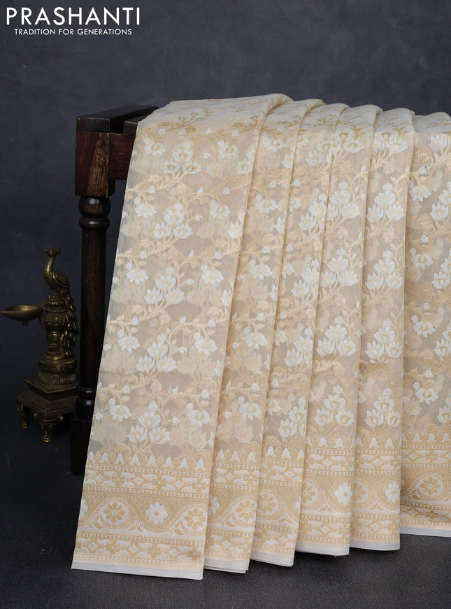 Banarasi silk cotton saree beige with allover thread & zari woven brocade weaves and zari woven border