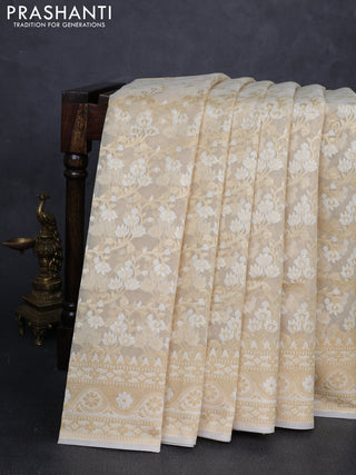 Banarasi silk cotton saree beige with allover thread & zari woven brocade weaves and zari woven border