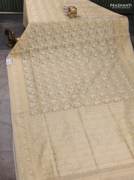 Banarasi silk cotton saree beige with allover thread & zari woven brocade weaves and zari woven border