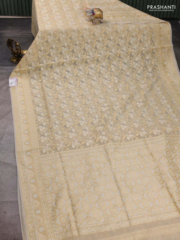 Banarasi silk cotton saree beige with allover thread & zari woven brocade weaves and zari woven border