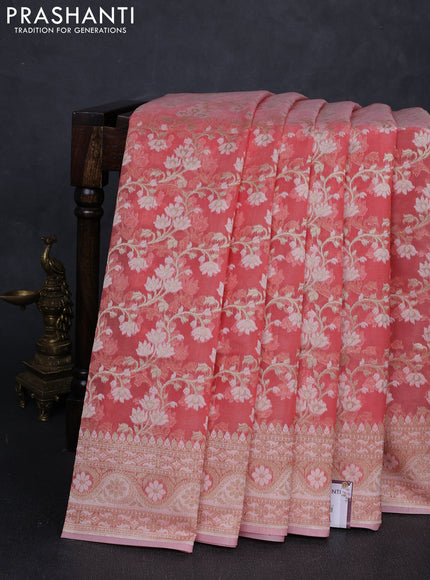 Banarasi silk cotton saree peach shade with allover thread & zari woven brocade weaves and zari woven border