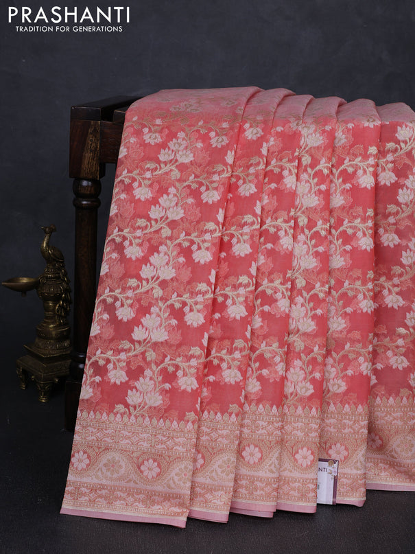 Banarasi silk cotton saree peach shade with allover thread & zari woven brocade weaves and zari woven border