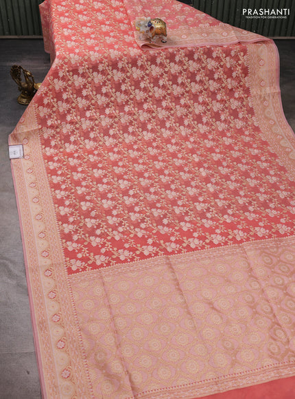 Banarasi silk cotton saree peach shade with allover thread & zari woven brocade weaves and zari woven border