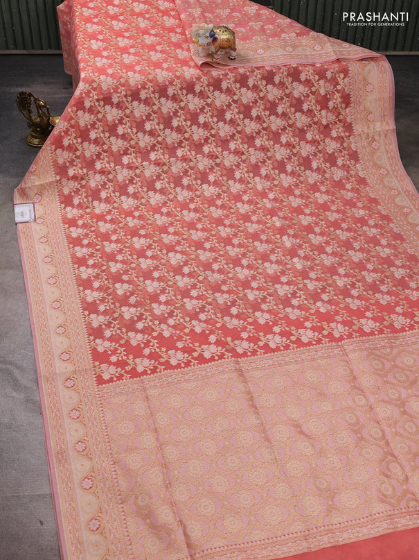Banarasi silk cotton saree peach shade with allover thread & zari woven brocade weaves and zari woven border