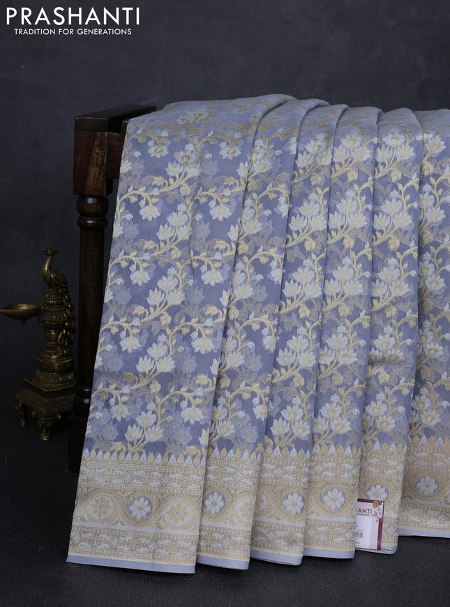Banarasi silk cotton saree grey with allover thread & zari woven brocade weaves and zari woven border