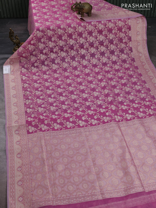 Banarasi silk cotton saree onion pink with allover thread & zari woven brocade weaves and zari woven border
