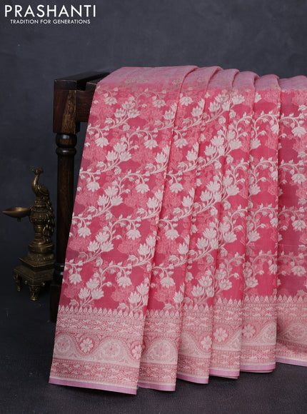 Banarasi silk cotton saree peach pink with allover thread & zari woven brocade weaves and zari woven border