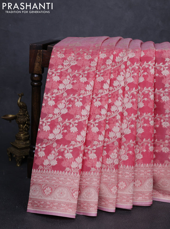 Banarasi silk cotton saree peach pink with allover thread & zari woven brocade weaves and zari woven border