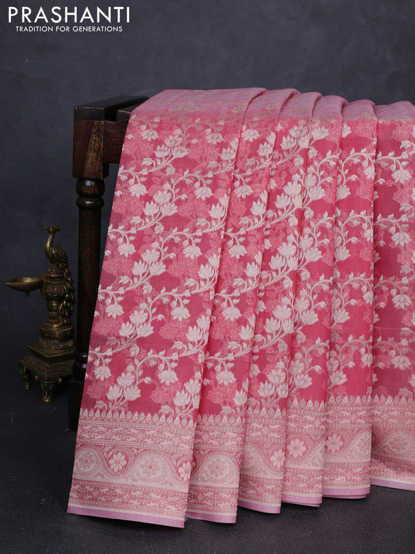 Banarasi silk cotton saree peach pink with allover thread & zari woven brocade weaves and zari woven border