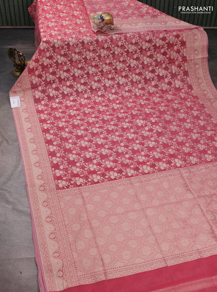 Banarasi silk cotton saree peach pink with allover thread & zari woven brocade weaves and zari woven border