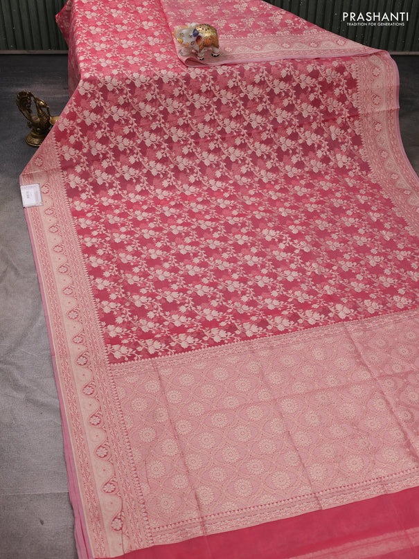 Banarasi silk cotton saree peach pink with allover thread & zari woven brocade weaves and zari woven border