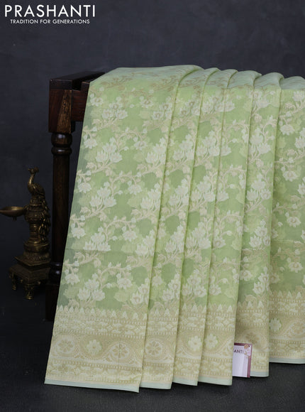 Banarasi silk cotton saree light green with allover thread & zari woven brocade weaves and zari woven border