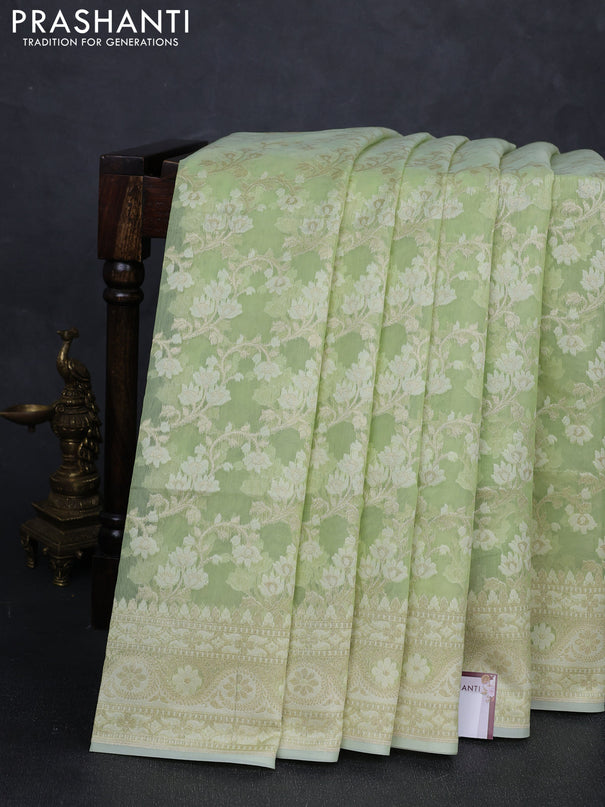 Banarasi silk cotton saree light green with allover thread & zari woven brocade weaves and zari woven border