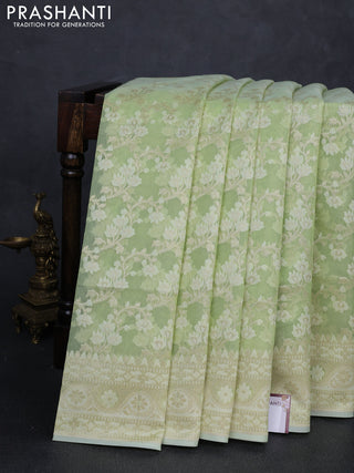 Banarasi silk cotton saree light green with allover thread & zari woven brocade weaves and zari woven border