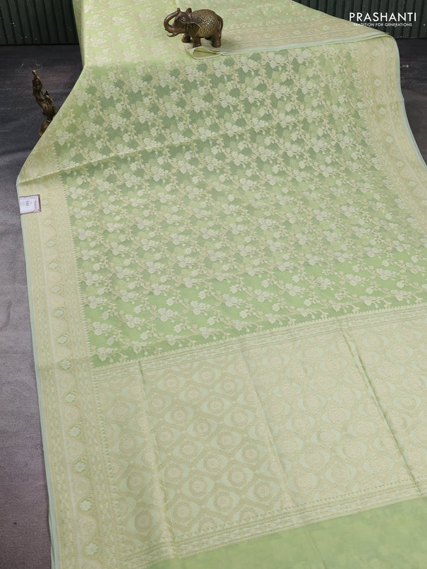 Banarasi silk cotton saree light green with allover thread & zari woven brocade weaves and zari woven border