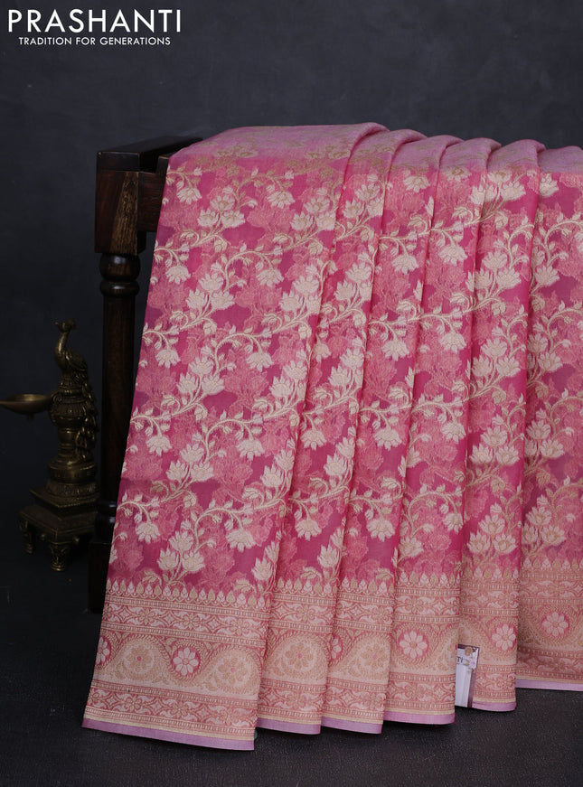 Banarasi silk cotton saree light pink with allover thread & zari woven brocade weaves and zari woven border
