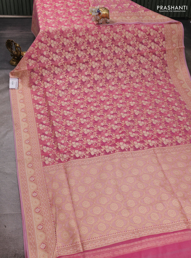 Banarasi silk cotton saree light pink with allover thread & zari woven brocade weaves and zari woven border
