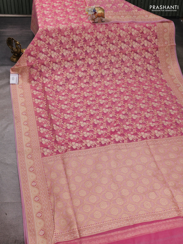 Banarasi silk cotton saree light pink with allover thread & zari woven brocade weaves and zari woven border