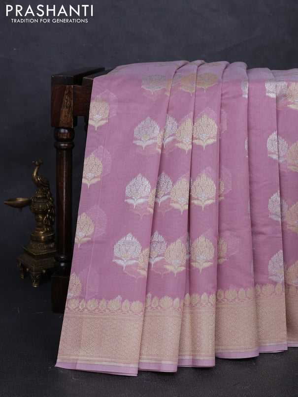 Banarasi silk cotton saree mauve pink with allover silver & gold zari woven buttas and zari woven border