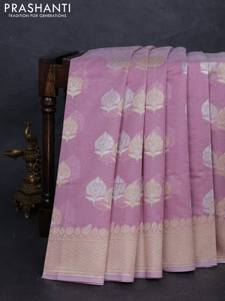 Banarasi silk cotton saree mauve pink with allover silver & gold zari woven buttas and zari woven border