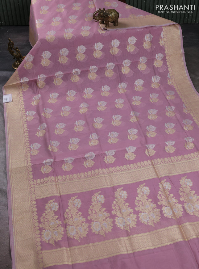 Banarasi silk cotton saree mauve pink with allover silver & gold zari woven buttas and zari woven border