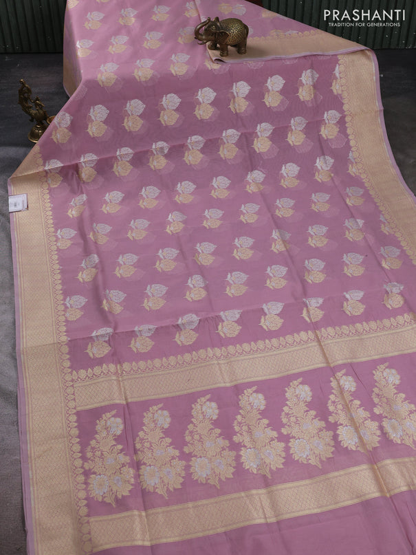 Banarasi silk cotton saree mauve pink with allover silver & gold zari woven buttas and zari woven border
