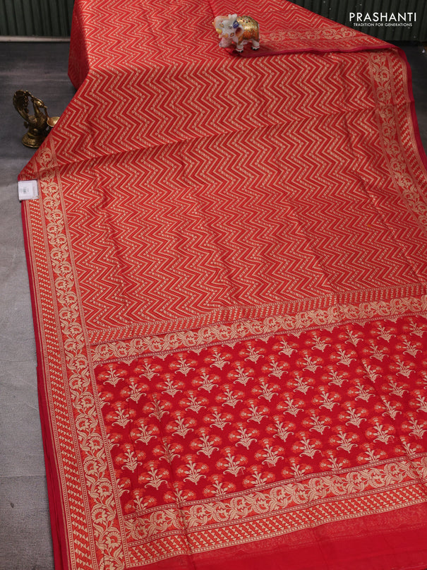 Banarasi silk cotton saree red with allover thread & zari zigzag brocade weaves and thread & zari woven border