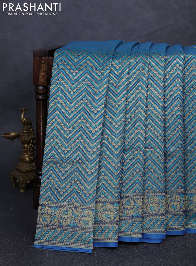 Banarasi silk cotton saree teal blue with allover thread & zari zigzag brocade weaves and thread & zari woven border