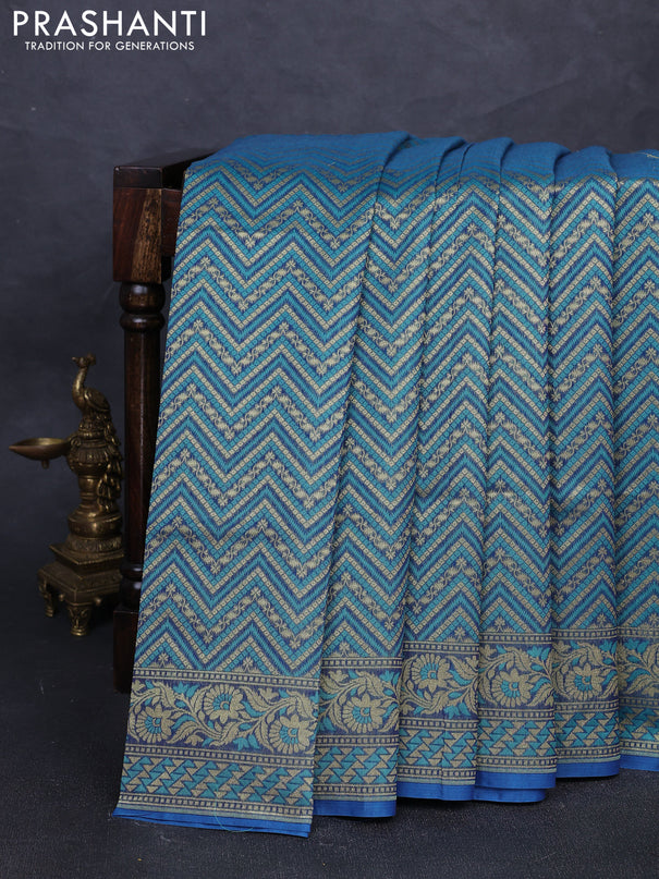 Banarasi silk cotton saree teal blue with allover thread & zari zigzag brocade weaves and thread & zari woven border
