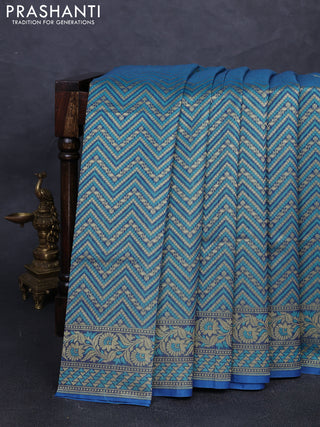 Banarasi silk cotton saree teal blue with allover thread & zari zigzag brocade weaves and thread & zari woven border