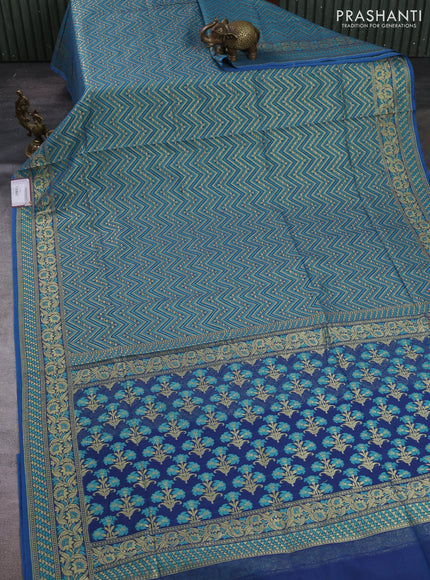 Banarasi silk cotton saree teal blue with allover thread & zari zigzag brocade weaves and thread & zari woven border
