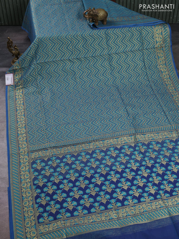 Banarasi silk cotton saree teal blue with allover thread & zari zigzag brocade weaves and thread & zari woven border