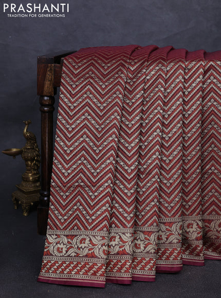 Banarasi silk cotton saree deep maroon with allover thread & zari zigzag brocade weaves and thread & zari woven border