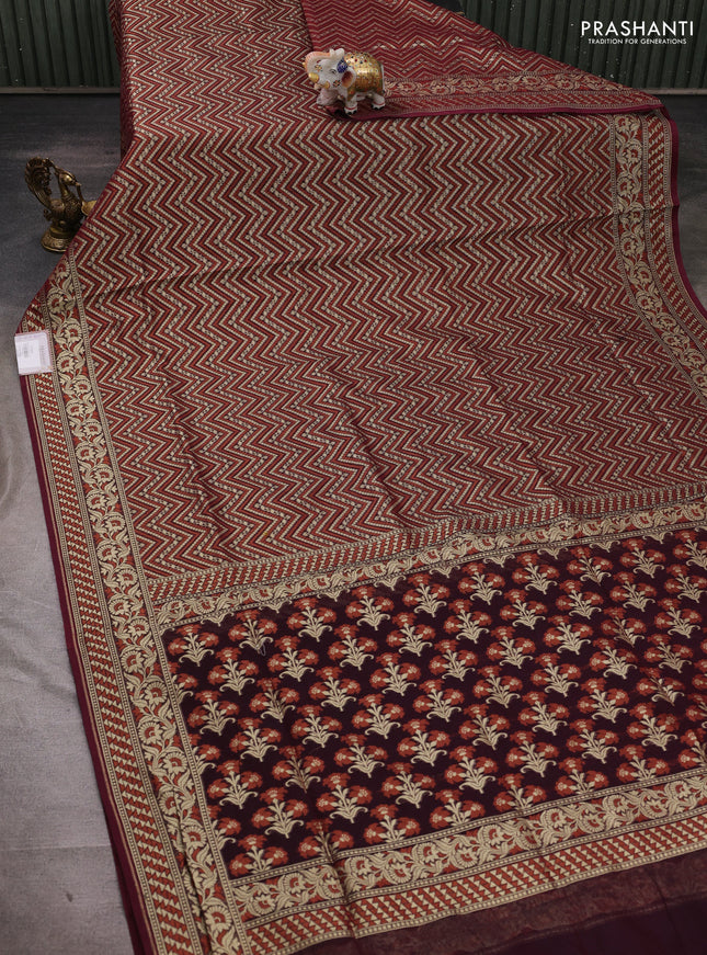 Banarasi silk cotton saree deep maroon with allover thread & zari zigzag brocade weaves and thread & zari woven border