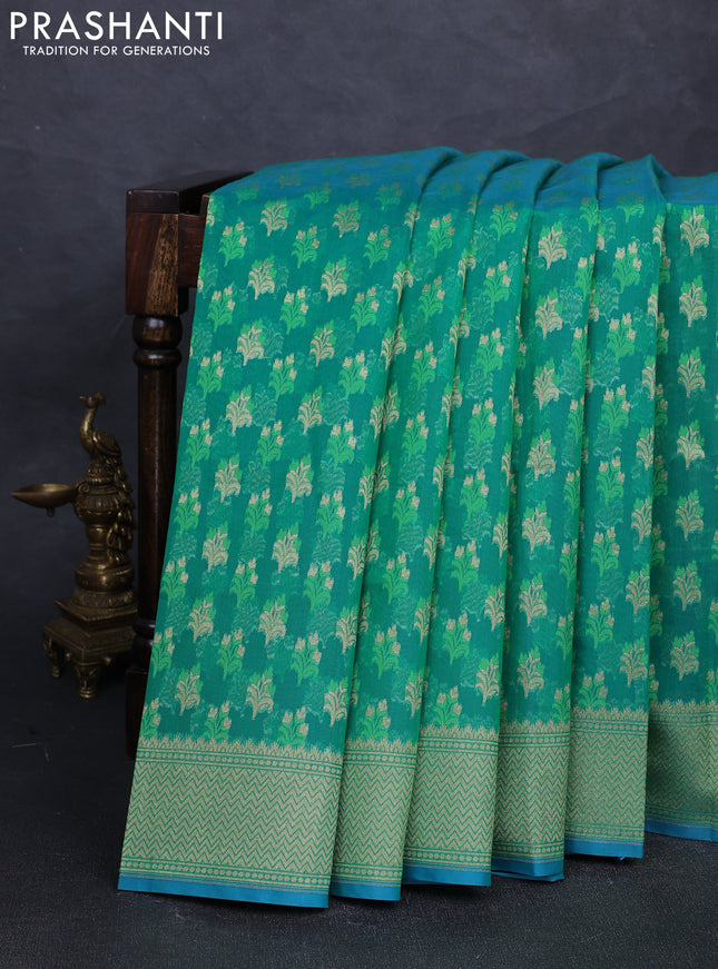 Banarasi silk cotton saree green with allover thread & zari woven buttas and thread & zari woven border