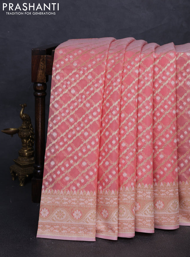 Banarasi silk cotton saree peach shade with allover thread & zari woven brocade weaves and thread & zari woven border