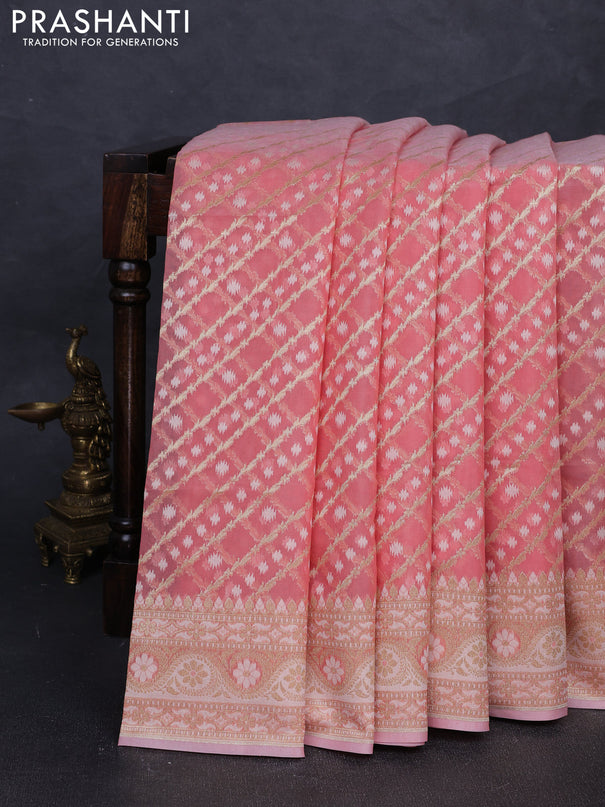 Banarasi silk cotton saree peach shade with allover thread & zari woven brocade weaves and thread & zari woven border