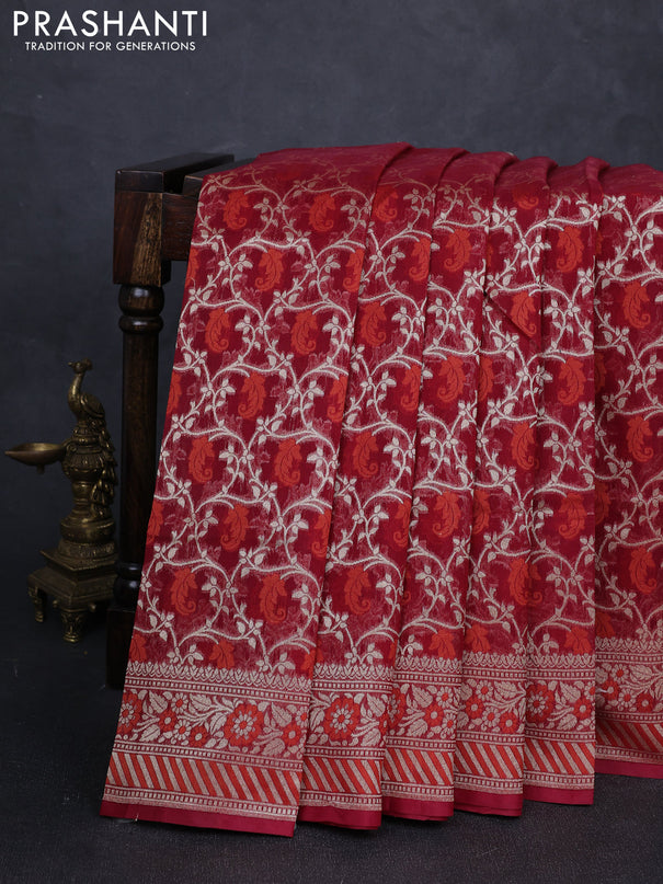 Banarasi silk cotton saree maroon with allover thread & zari woven brocade weaves and thread & zari woven border