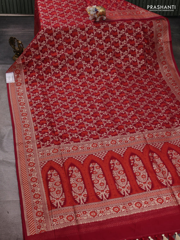 Banarasi silk cotton saree maroon with allover thread & zari woven brocade weaves and thread & zari woven border
