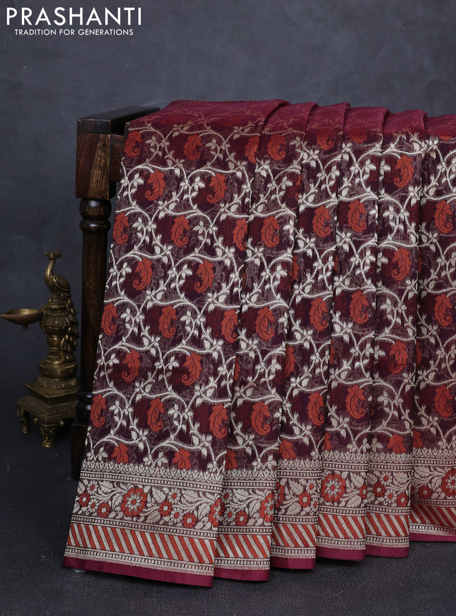 Banarasi silk cotton saree deep maroon with allover thread & zari woven brocade weaves and thread & zari woven border