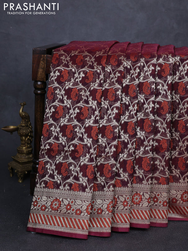 Banarasi silk cotton saree deep maroon with allover thread & zari woven brocade weaves and thread & zari woven border