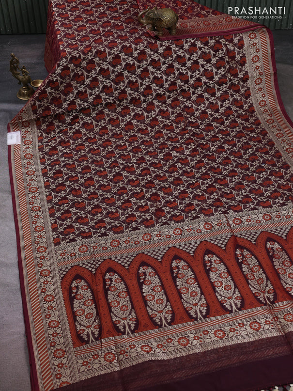 Banarasi silk cotton saree deep maroon with allover thread & zari woven brocade weaves and thread & zari woven border