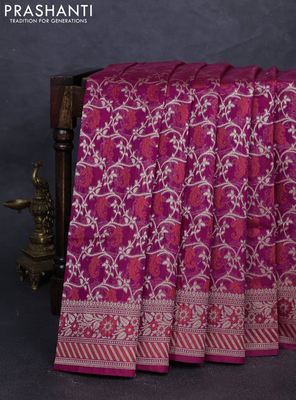 Banarasi silk cotton saree magenta pink with allover thread & zari woven brocade weaves and thread & zari woven border