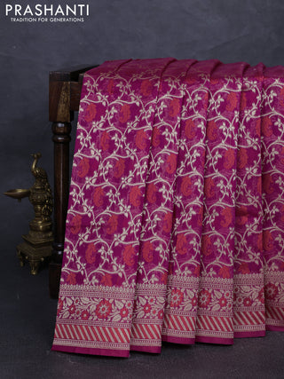 Banarasi silk cotton saree magenta pink with allover thread & zari woven brocade weaves and thread & zari woven border
